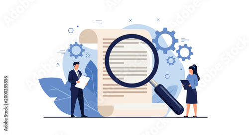 Two business professionals use a giant magnifying glass to carefully inspect a large document surrounded by blue gears and abstract leaves.