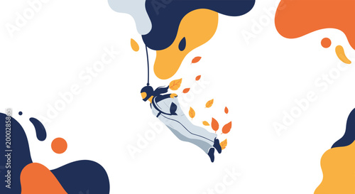 Person wearing a wingsuit glides through a sky filled with autumn leaves and abstract blue and orange shapes to represent extreme adventure.