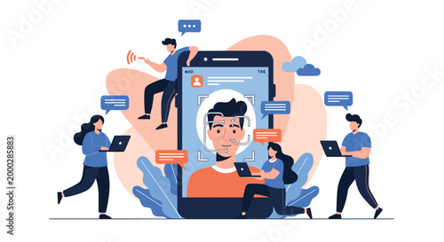People with laptops gather around a large smartphone displaying a facial recognition scan to represent modern digital security and tech.