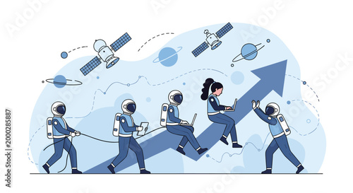 Team of astronauts and a worker with a laptop move along a giant blue arrow pointing upwards to represent business growth and success.