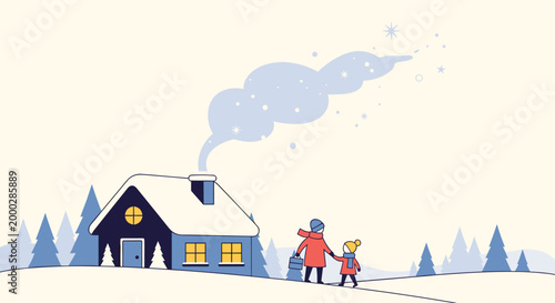 Peaceful winter landscape shows a parent and child walking towards a cozy house with a smoking chimney as snow falls over a pine forest.