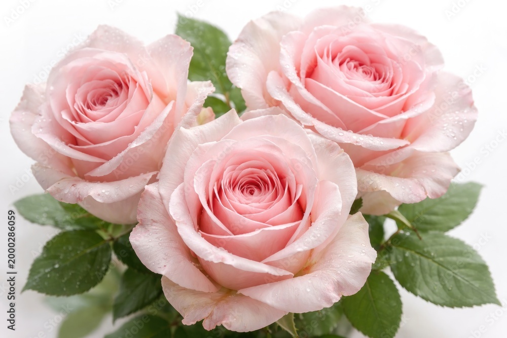 Fototapeta premium Close up of three pink roses showing varied petal formations on white background