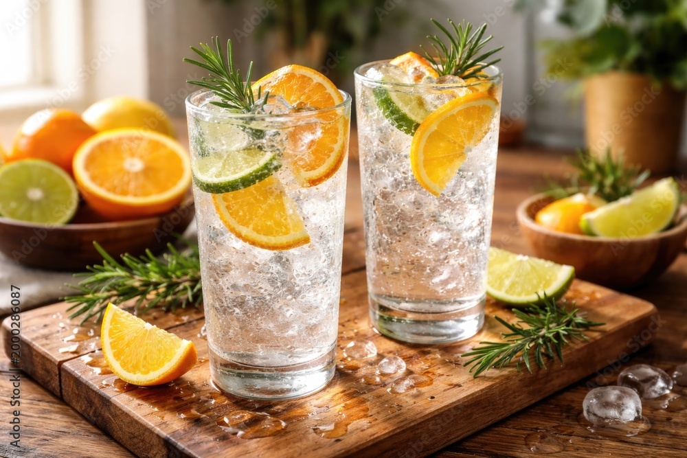 Fototapeta premium Hard seltzer with citrus and rosemary aroma presented on timber countertop