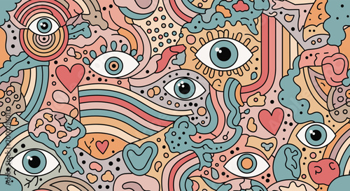 Trippy psychedelic seamless pattern featuring multiple eyes, rainbows, hearts, and abstract colorful flowing shapes.