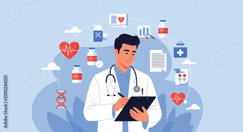 Professional male doctor in a white coat writing on a clipboard surrounded by various medical and health icons.