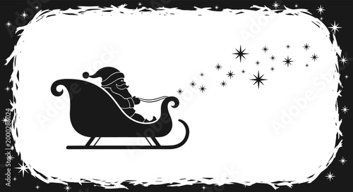 Black silhouette of Santa Claus flying in his sleigh across a white background framed by a textured black border.