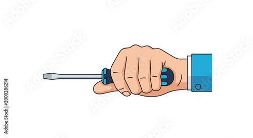 Close up illustration of a human hand firmly holding a blue and black screwdriver ready for manual work or repair.
