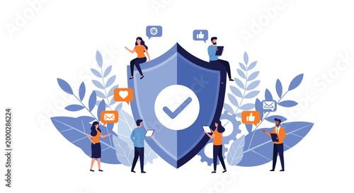 Concept of data security and protection showing a group of people working around a large blue shield with a checkmark.