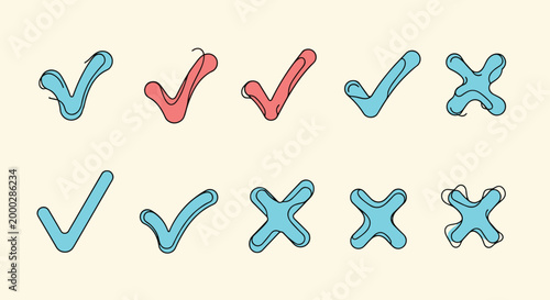 Various styles of hand drawn blue and red checkmarks and cross icons representing yes and no or correct and wrong.
