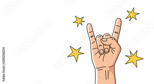 Hand gesture showing the rock on or devil horns sign surrounded by yellow stars against a clean white background.