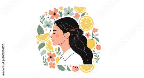 Beautiful profile of a woman with long dark hair surrounded by colorful flowers, lemons, oranges, and green leaves.