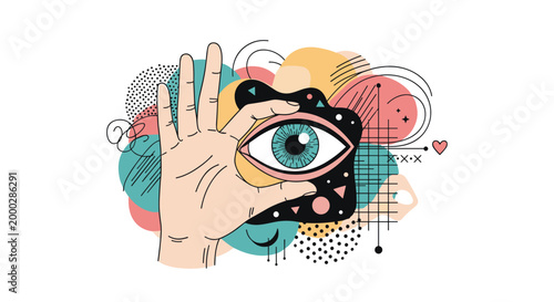 Surreal illustration of a hand with a large blue eye on its palm surrounded by abstract shapes and geometric lines.