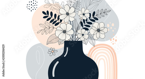 Contemporary still life illustration of delicate white flowers in a black ceramic vase set against a modern abstract background.
