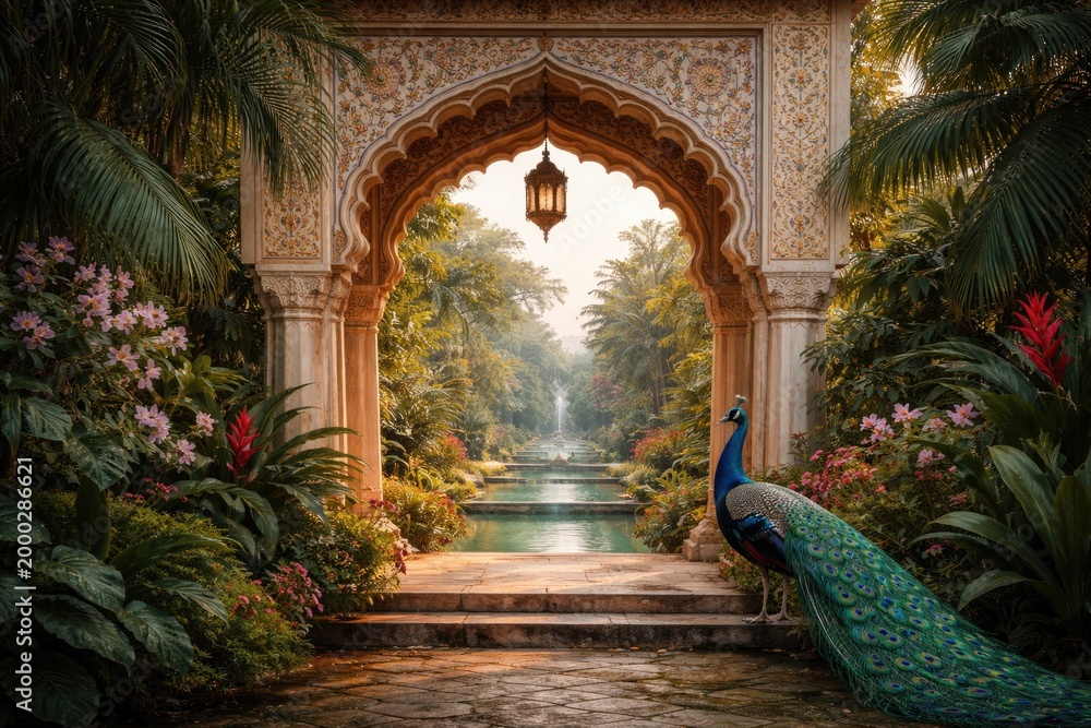 Fototapeta premium Artistic rendering of a Mughal style garden arch framed by exotic plants and a majestic peacock for wallpaper ideas