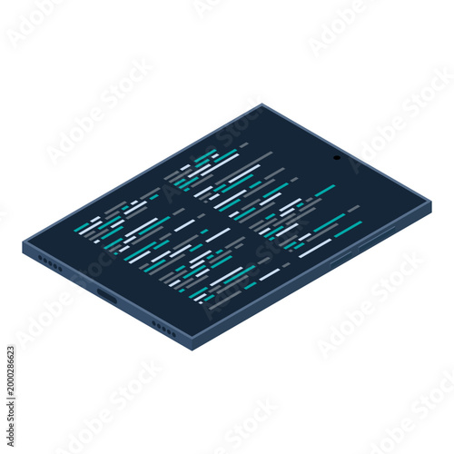 Isometric tablet. Program code on tablet screen. Isometric technology. Vector illustration
