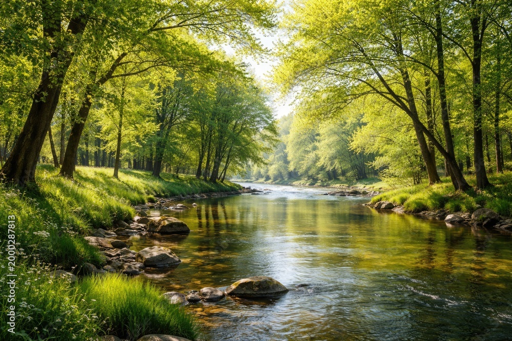 Fototapeta premium Fresh spring landscape showcasing green trees and a serene water flow
