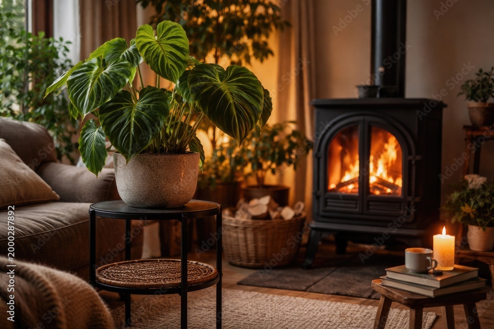 Obraz premium Decorated indoor space featuring Philodendron verrucosum on stand and a lit metal stove