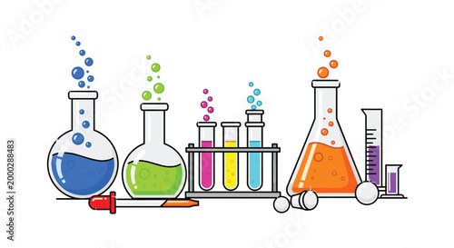 Various scientific glassware items like beakers and test tubes containing colorful bubbling liquids are arranged with a dropper on a white laboratory table setting.