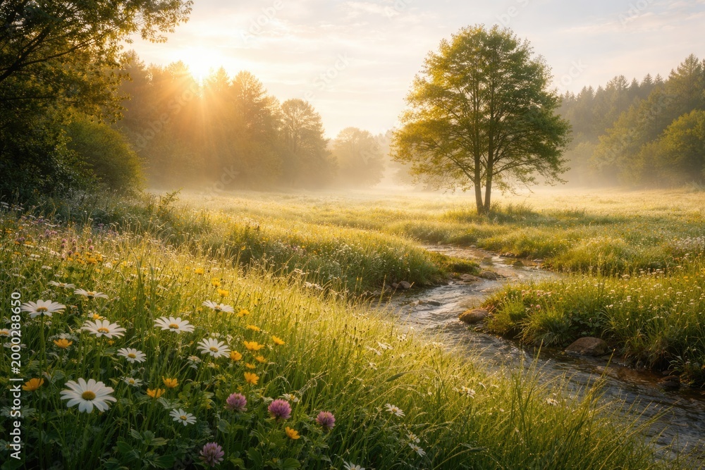Obraz premium Calm morning in open meadow promoting environmental protection
