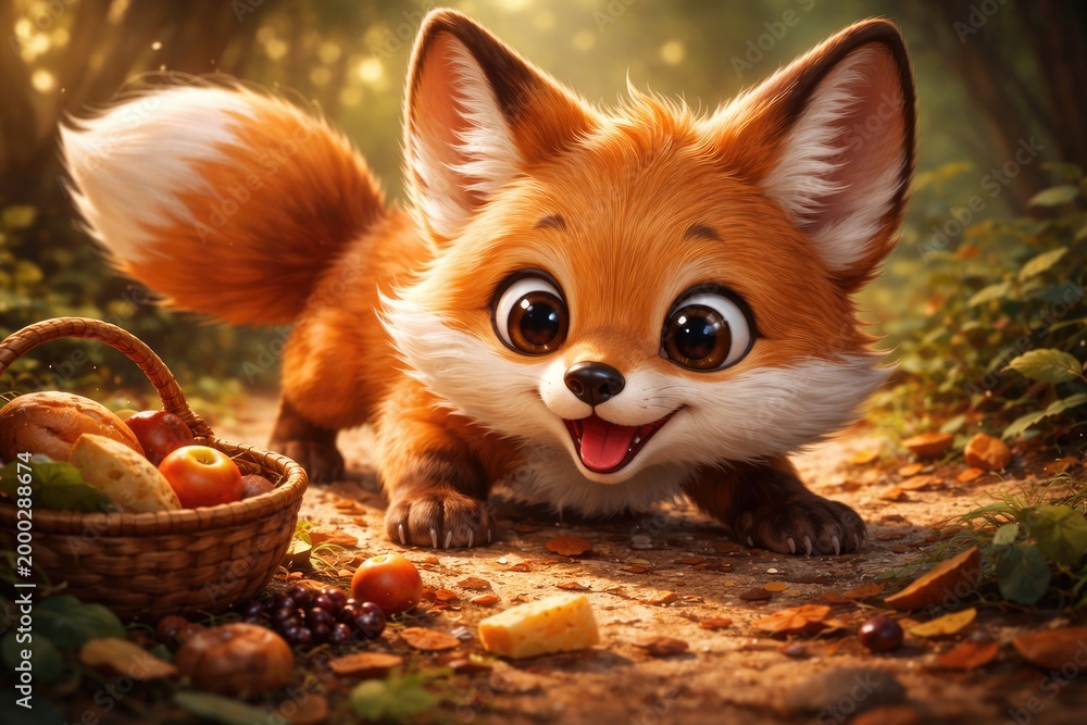 Fototapeta premium Cute fox mascot drawing looking for food eagerly