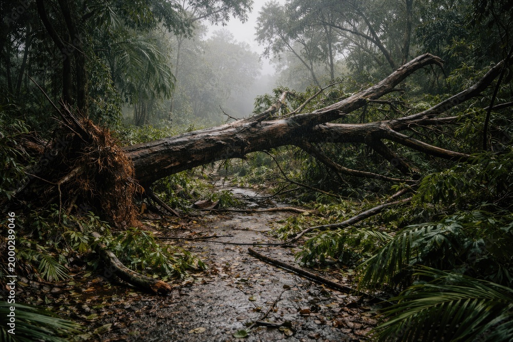 Obraz premium Damaging cyclone knocks down large tree on trail causing major blockage and destruction