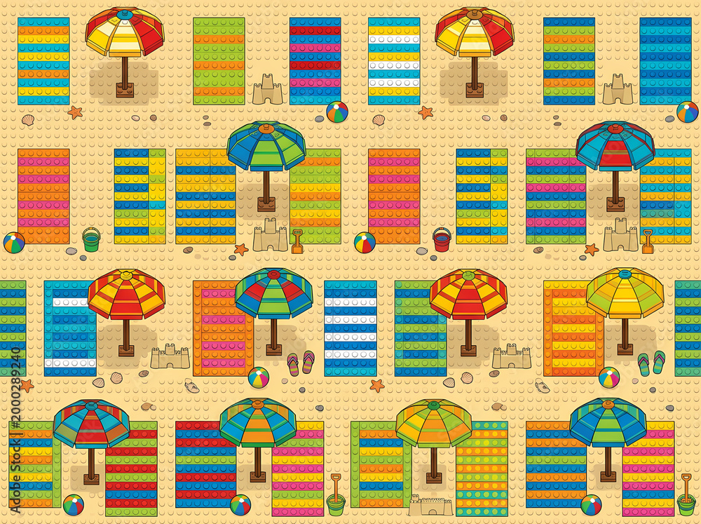 Fototapeta premium Alevidhanu friends enjoy relaxing with Lego figures on a vibrant beach