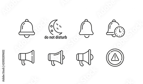 Modern rounded notification icons vector set editable stroke bell and do not disturb line art