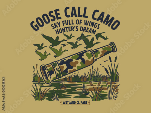 Goose hunting vintage artwork for t shirt. Wetland adventure for apparel and sticker. Hunter dream graphic design. Flying geese vector. Goose call.