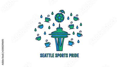 Seattle Sports Pride Illustration with Iconic Tower Soccer Ball and Coffee Cups for City Fan Identity Tournament Host and Merchandise Design