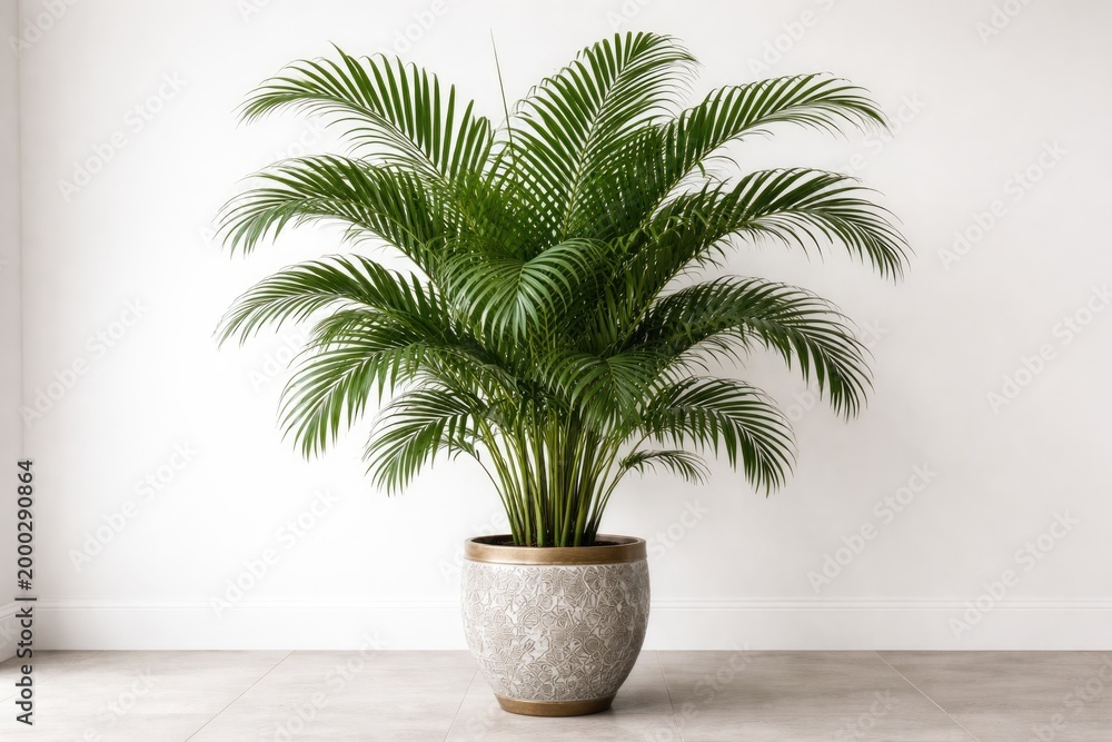 Fototapeta premium Fresh look featuring Majesty Palm in ornamental pot with full fronds on a clean white background
