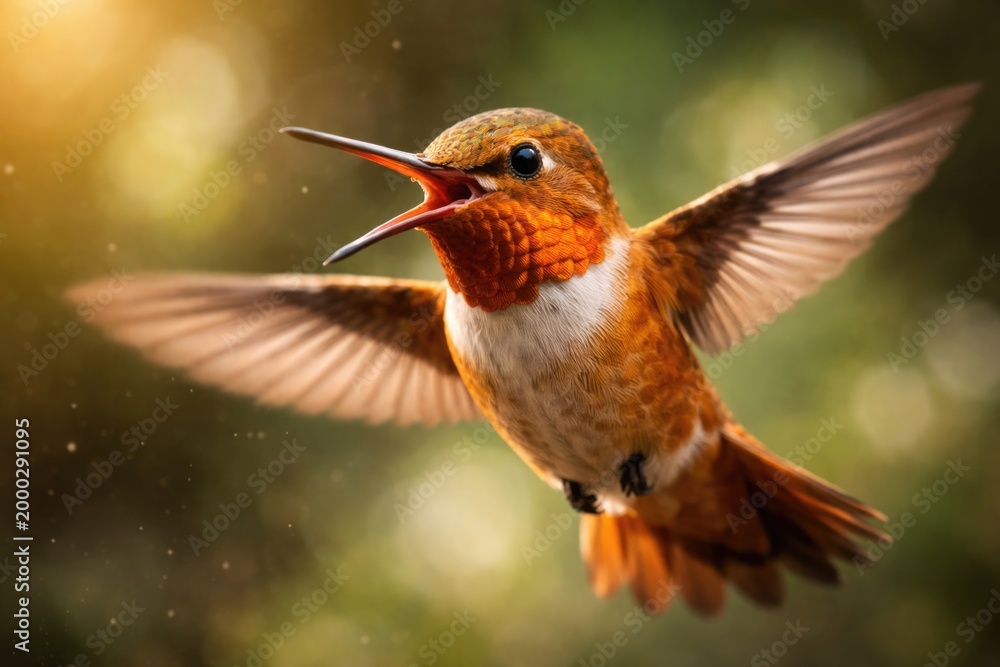 Fototapeta premium Detailed portrait of Rufous Hummingbird flying with open beak