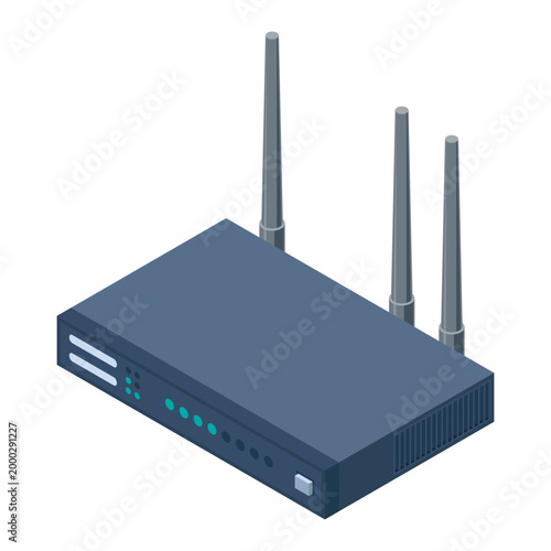 Isometric network wifi router with antennas. Wireless network communication technology. Wireless internet router. Network technology. Vector illustration