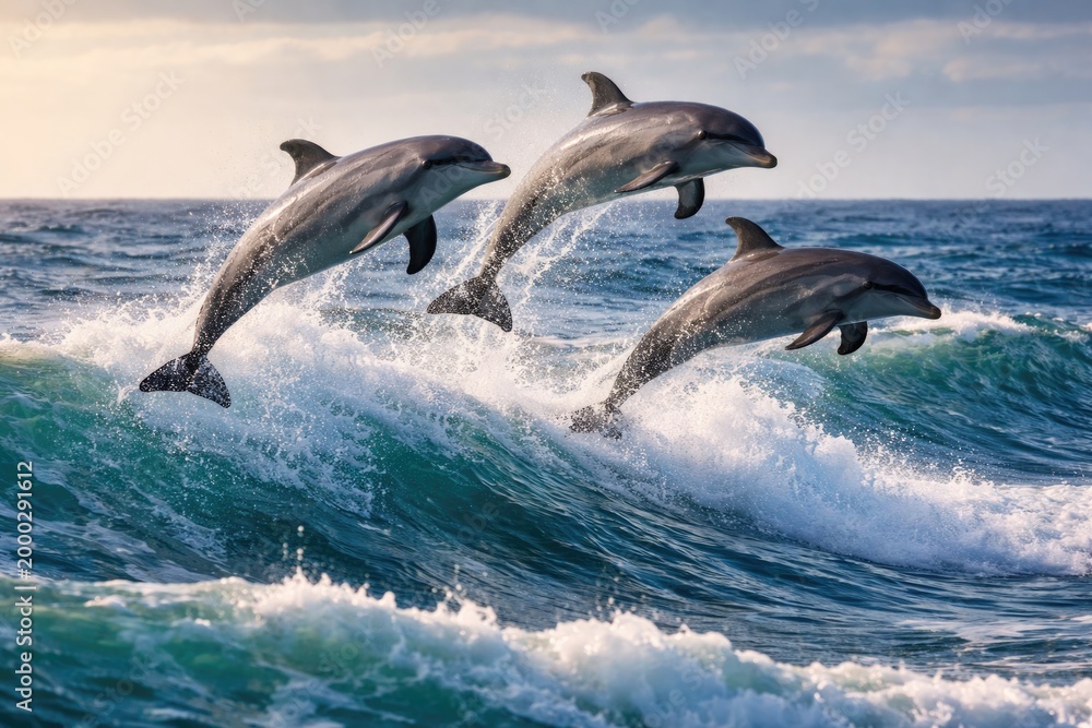 Fototapeta premium Full length dolphins performing jumps amid ocean swells