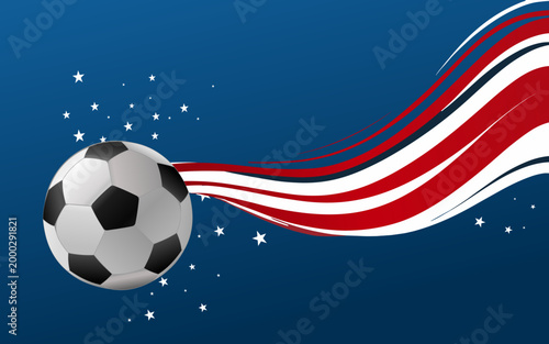 Soccer ball with red and white dynamic waves and stars on blue background, vector illustration