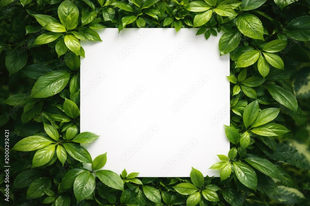 Fototapeta premium Elegant white square frame surrounded by fresh green leaves for decorative borders