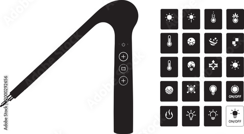 Black silhouette of a modern faucet with control buttons and a grid of white water kitchen bathroom