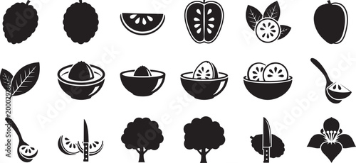 Black silhouette of fruits leaves juicer apple slices spoon knife and tree white leaf