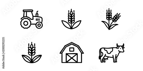 A tractor drives past a barn with a cow eating wheat in a field.