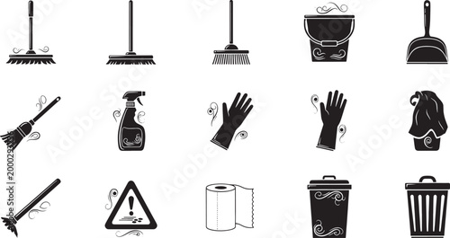 Collection of black and white cleaning supplies and broom dustpan bucket