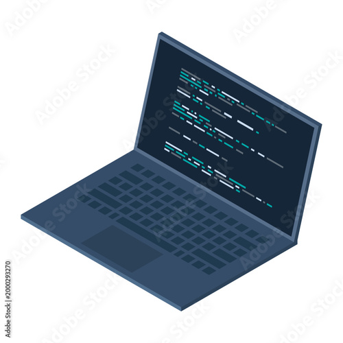 Isometric laptop. Programming on laptop concept with program code. Program code on a laptop screen. Isometric technology. Vector illustration