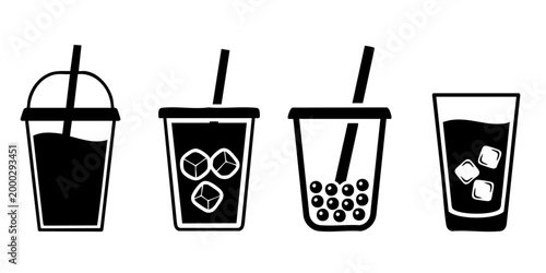 Four different types of cold drinks with straws and boba on a white background