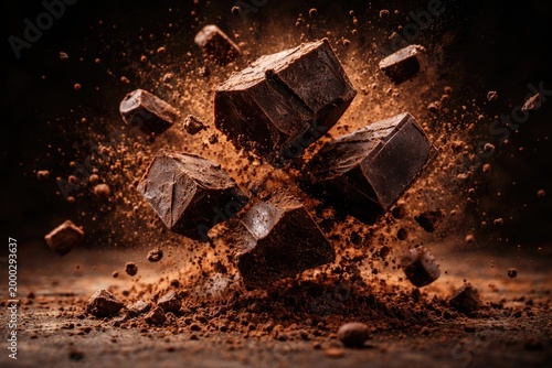 Dark chocolate chunks levitating above a surface with cocoa crumbs exploding outward
