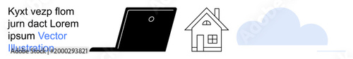 Technology, remote work, cloud computing, home office, internet services, online communication. Minimalist laptop, house and cloud graphic. Technology and remote work concept