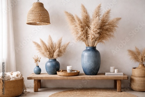 Bohemian style room with pampas grass arranged in blue vases on simple white background