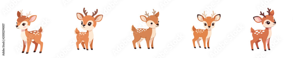 Obraz premium A cute flat vector illustration set of a baby deer with small antlers, gentle colors, no outlines, on white.