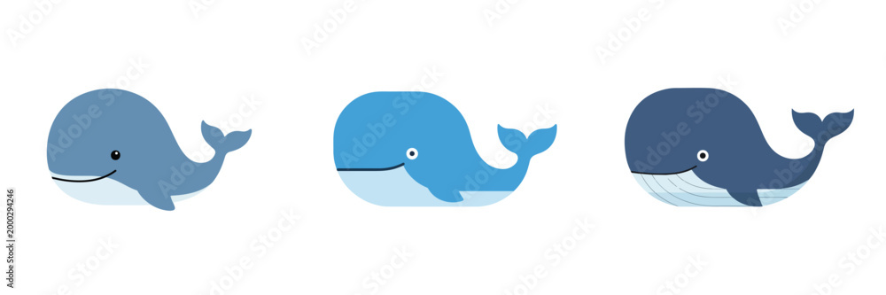 Fototapeta premium A minimal flat vector illustration of a smiling whale, smooth shapes, soft blue palette, no outlines, on white