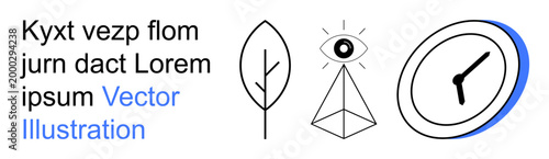 Nature, time management, vision, spirituality, philosophy, mindfulness. Minimalistic design with a leaf, pyramid with an eye and a clock. Nature and time management concept