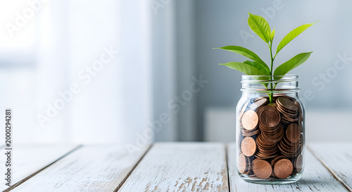 A small green plant sprouts from a glass jar filled with coins, symbolizing financial growth and investment.