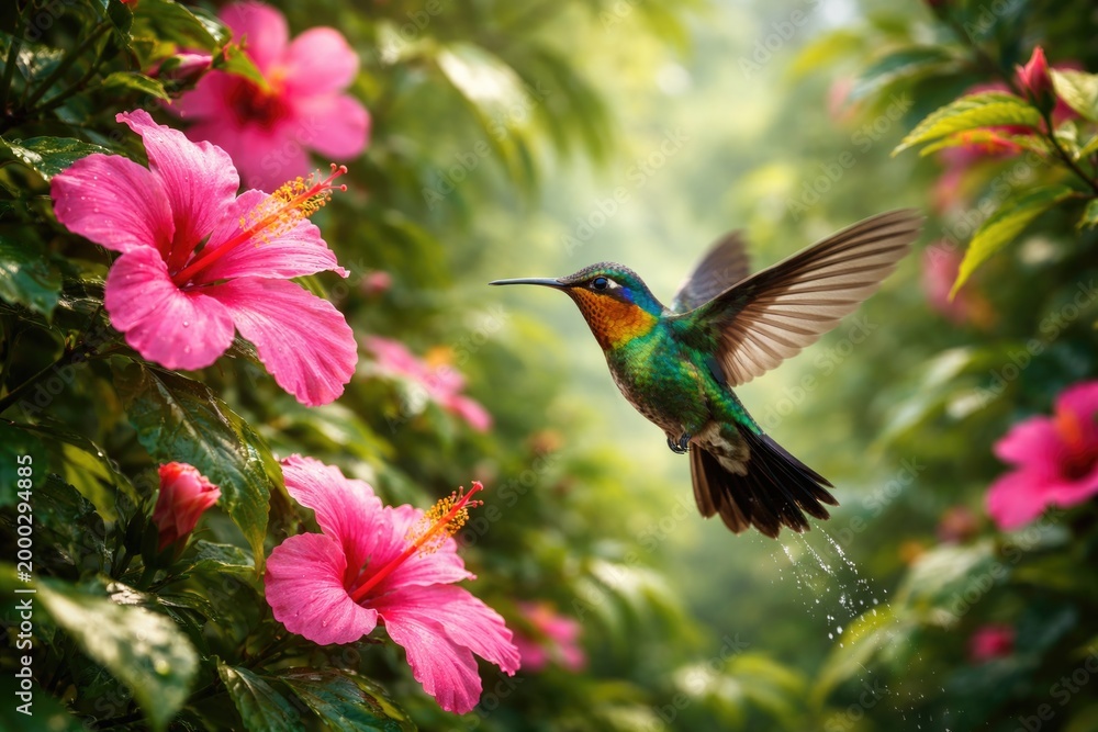 Fototapeta premium Energetic hummingbird darts around striking pink flowers in a verdant tropical habitat