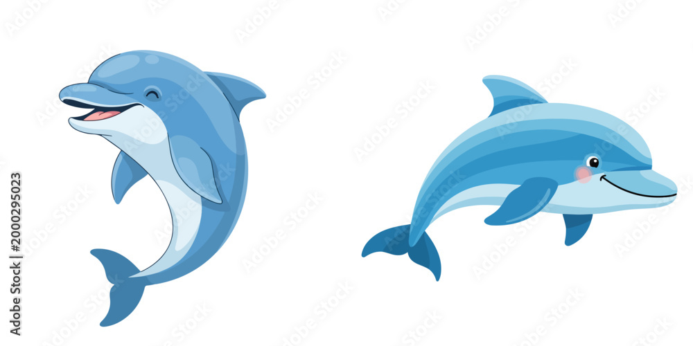 Obraz premium Two cartoon dolphins swimming joyfully, one smiling with its mouth open and the other with a gentle smile
